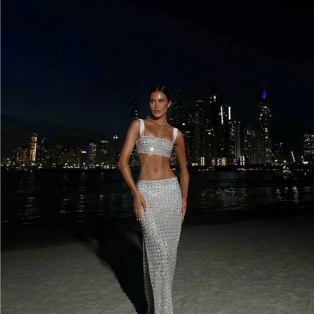 Oh Polly Silver Embellished Two-Piece Maxi Skirt Set